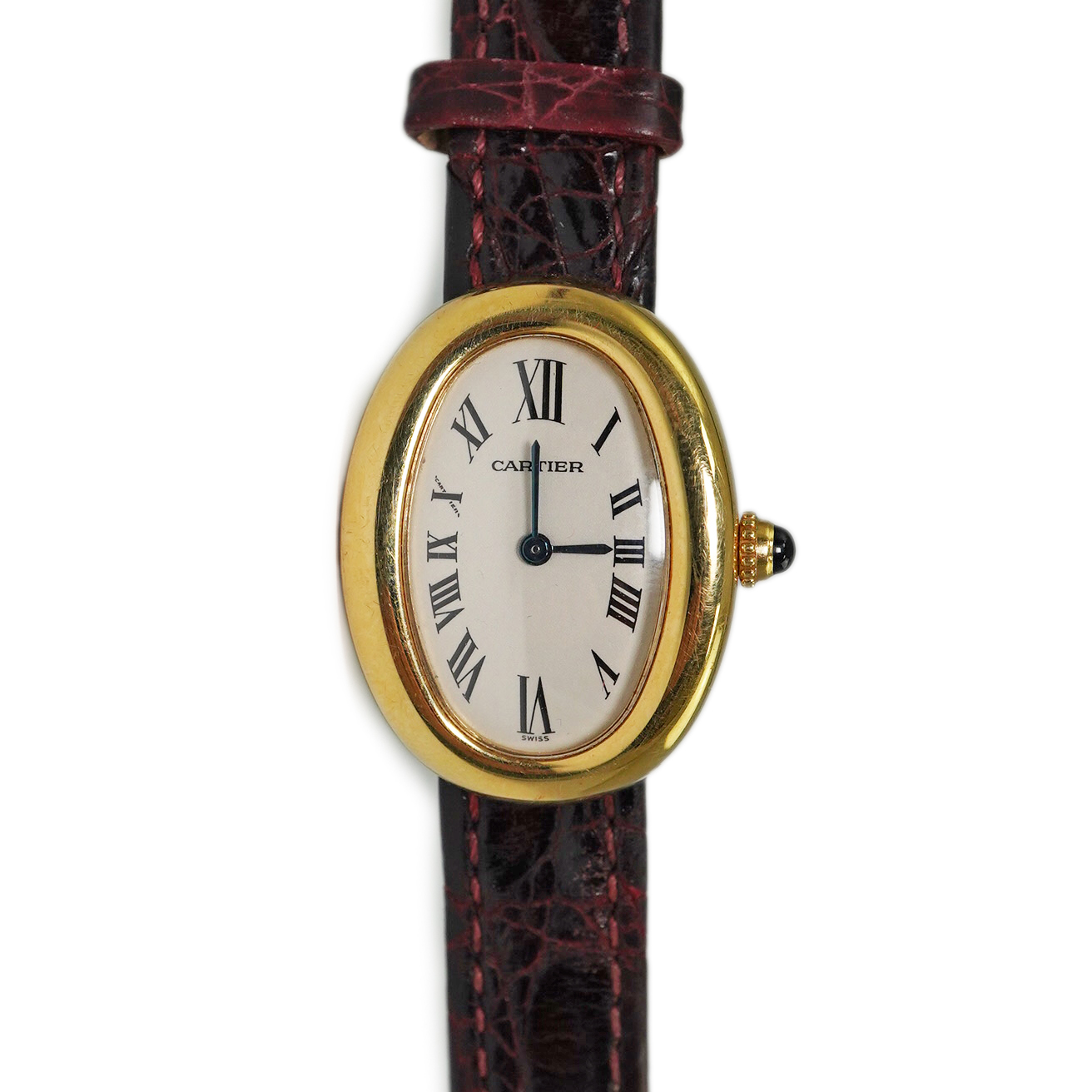 A lady's 2000 18ct gold Cartier Baignoire quartz wrist watch, on a Cartier leather strap